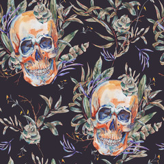 Watercolor seamless pattern of skull and succulents,