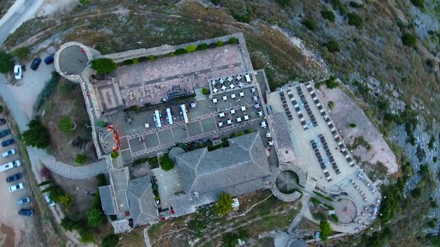 Aerial view Lekuresi Castle in Sarande or Saranda, Albania, Europe. Sundusk coastline and city Saranda.