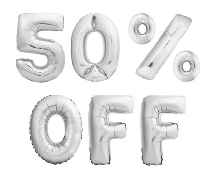 Firty percent off discount. Silver balloons isolated on white