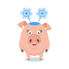 Funny merry pig in hat with snowflake, a character for greeting cards and advertising for Christmas and New Year.