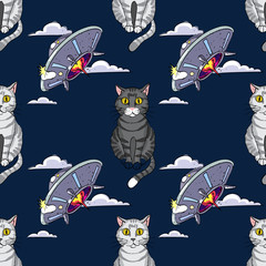 ufo, cat seamless pattern