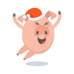 Funny merry pig in Santa Claus hat, a character for greeting cards and advertising for Christmas and New Year.
