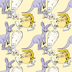 octopus, kangaroo and hedgehog seamless pattern