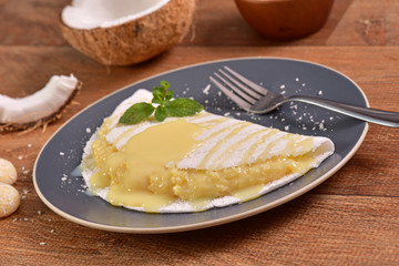 Tapioca filled with coconut brigadeiro and condensed milk