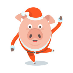 Funny merry pig in Santa Claus costume, a character for greeting cards and advertising for Christmas and New Year.