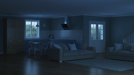 Modern house interior. Night. Evening lighting. 3D rendering.