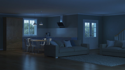 Modern house interior. Night. Evening lighting. 3D rendering.