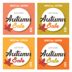 autumn sale banner set. Bright fall leaves. Poster, card, label, banner design set. Vector illustration EPS10. Voucher. Gift card. Back to school sale. 