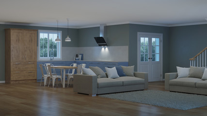 Modern house interior. Night. Evening lighting. 3D rendering.