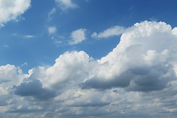 Naklejka na ściany i meble Beautiful big fluffy clouds in blue sky, natural background 