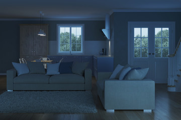 Fototapeta premium Modern house interior. Night. Evening lighting. 3D rendering.