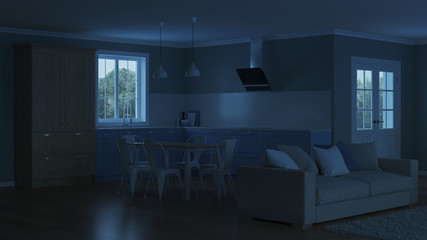 Modern house interior. Night. Evening lighting. 3D rendering.