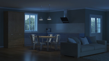 Modern house interior. Night. Evening lighting. 3D rendering.