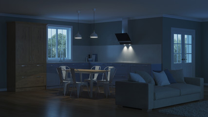Modern house interior. Night. Evening lighting. 3D rendering.