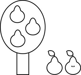 Coloring page. Stylized cartoon pear tree with fruits in flat style