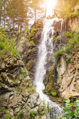 Naklejka na ściany i meble Vertical view to a high waterfall in the mountains of the Altai with sprinkled drops of water through stones and rocks among green trees in the forest in sunny summer autumn weather with shining sun