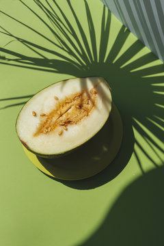 Half Melon toad skin, Colorful summer theme. shadows of palm leaves