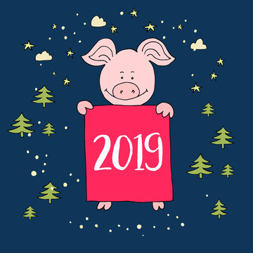Banner happy new year greeting card. Cute pig cartoon. Vector is