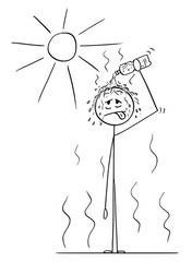Cartoon stick drawing conceptual illustration of man standing on Sun in hot summer weather or heat and pouring water from plastic bottle on his head.