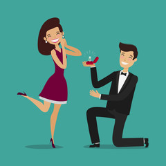 Man proposes a woman to marry. Wedding, marriage concept. Cartoon vector illustration