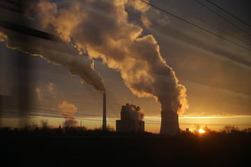Coal Power Plant at Sundown near Leipzig, Germany 