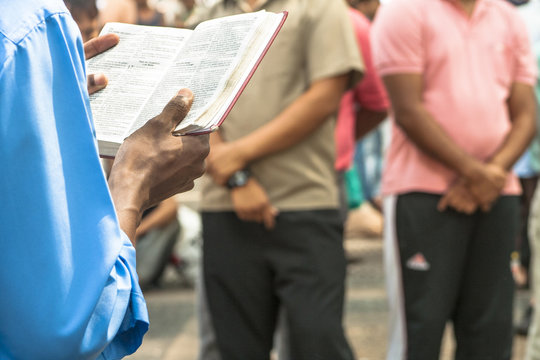 Sao Paulo, Brazil, January 09, 2009. Man evangelical preacher explains God's Word in Se Square in downtown Sao Paulo
