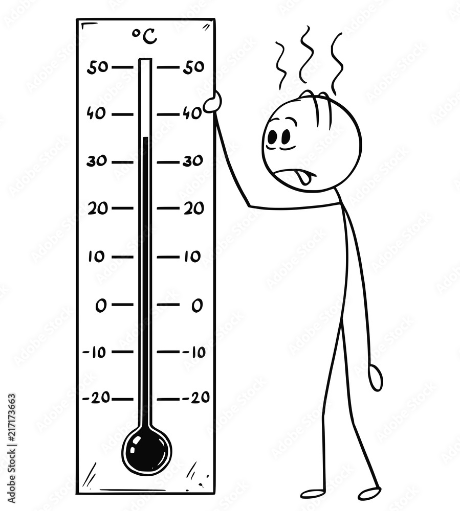 Canvas Prints cartoon stick drawing conceptual illustration of exhausted and overheated man holding big celsius th