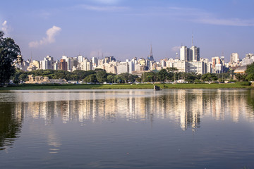 Fototapeta na wymiar Sao Paulo, Brazil, February 19, 2009. View of Sao Paulo city from Ibirapuera Park. The Ibirapuera is one of Latin America largest city parks. Brazil