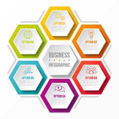 Hexagonal diagram with business icons - concept of infograph. Vector.