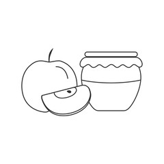 Whole and red apples and honey jar icon in black flat outline design