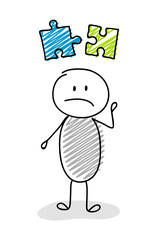 Cartoon stickman holding puzzle (success concept) icon. Vector.