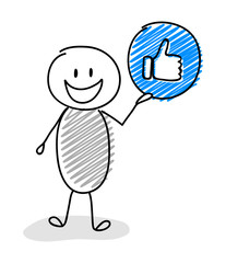 Cartoon stickman holding thumb - like (social media) icon. Vector.