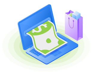 The laptop, paper dollar from the screen, shopping bag. Flat vector isometric illustration. The online shop, internet store, mobile marketing, digital market, online buying and paying concept.
