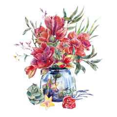 Watercolor glass  jar with bouquet of green leaves, Amaryllis