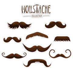 Moustache set collection used for photo booth props objects or party. Vector colored illustration isolated on white background   - obrazy, fototapety, plakaty