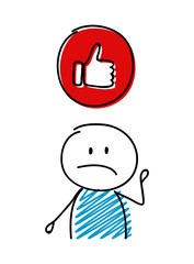 Thumb - like (social media) icon with sad stickman. Vector.