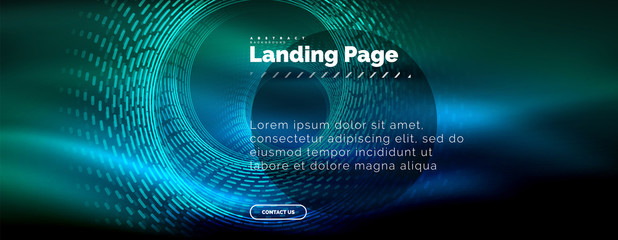 Neon glowing techno lines, hi-tech futuristic abstract background template with circles, landing page template