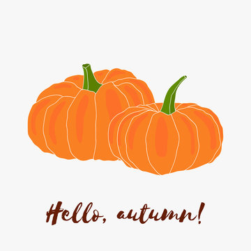 Hello autumn! Hand drawn vector logo with lettering. Autumn halloween decoration, vegetable harvest season, thanksgiving line art. Freehand fall illustration for vegan cafe, restaurant, market, shop.