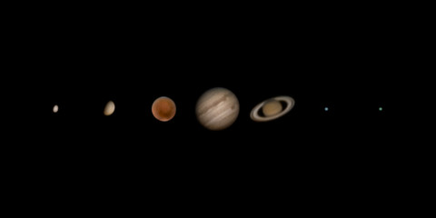 The seven extraterrestrial planets of the solar system: Mercury, Venus, Mars, Jupiter, Saturn, Uranus, Neptune. Photographed with a small telescope from Mannheim and Emmingen-Liptingen in Germany.