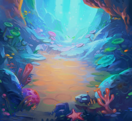 Fototapeta na wymiar Underwater Game Background Cartoon Style For Animation Concept