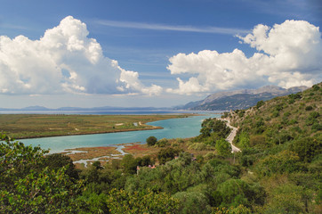 Panoramic view over the Vivari Channel and the Ionian Sea. Butrint National Park. UNESCO World Heritage site. Nature and travel. Albania, Vlora County, near Saranda