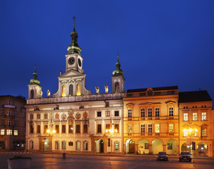 Fototapeta na wymiar Townhouse at Ottokar II square in Ceske Budejovice. Czech Republic