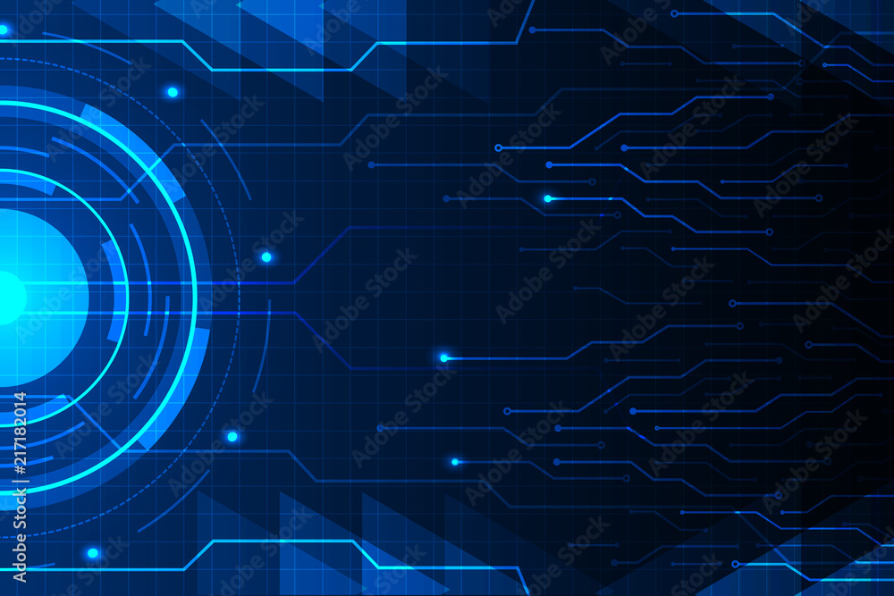 Poster blue circle and circuit line on abstract technology futuristic hud background vector design.