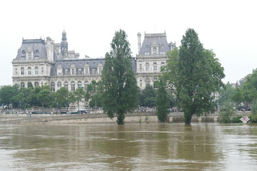 Fototapeta na wymiar Mairie de Paris avec La Seine en crue, inondations 2016