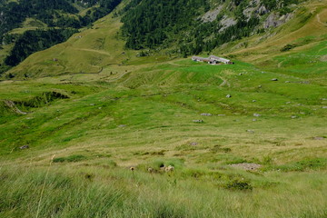 Passo San Marco, Italia. Valle di montagna con una malga isolata
