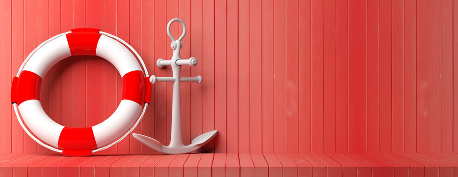 Ship anchor and lifebuoy on red wooden floor and wall background, banner, copy space. 3d illustration