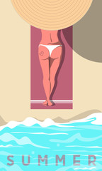 Summer vibe. Girl sun tanning on a beach. Vector illustration.