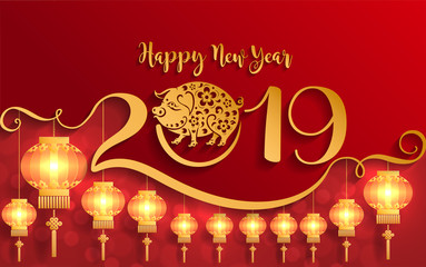 Naklejka premium Happy chinese new year 2019 Zodiac sign with gold paper cut art and craft style on color Background.(Chinese Translation : Year of the pig)