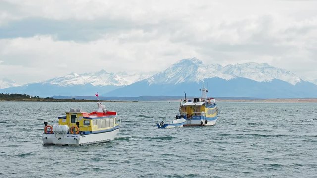 Boats in Admiral Montt Gulf, Puerto Natales, Ultima Esperanza Province, Patagonia, Chile