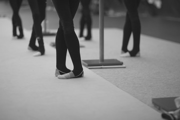 Fototapeta premium Legs of gymnasts in choreographic positions in the rehearsal room during training